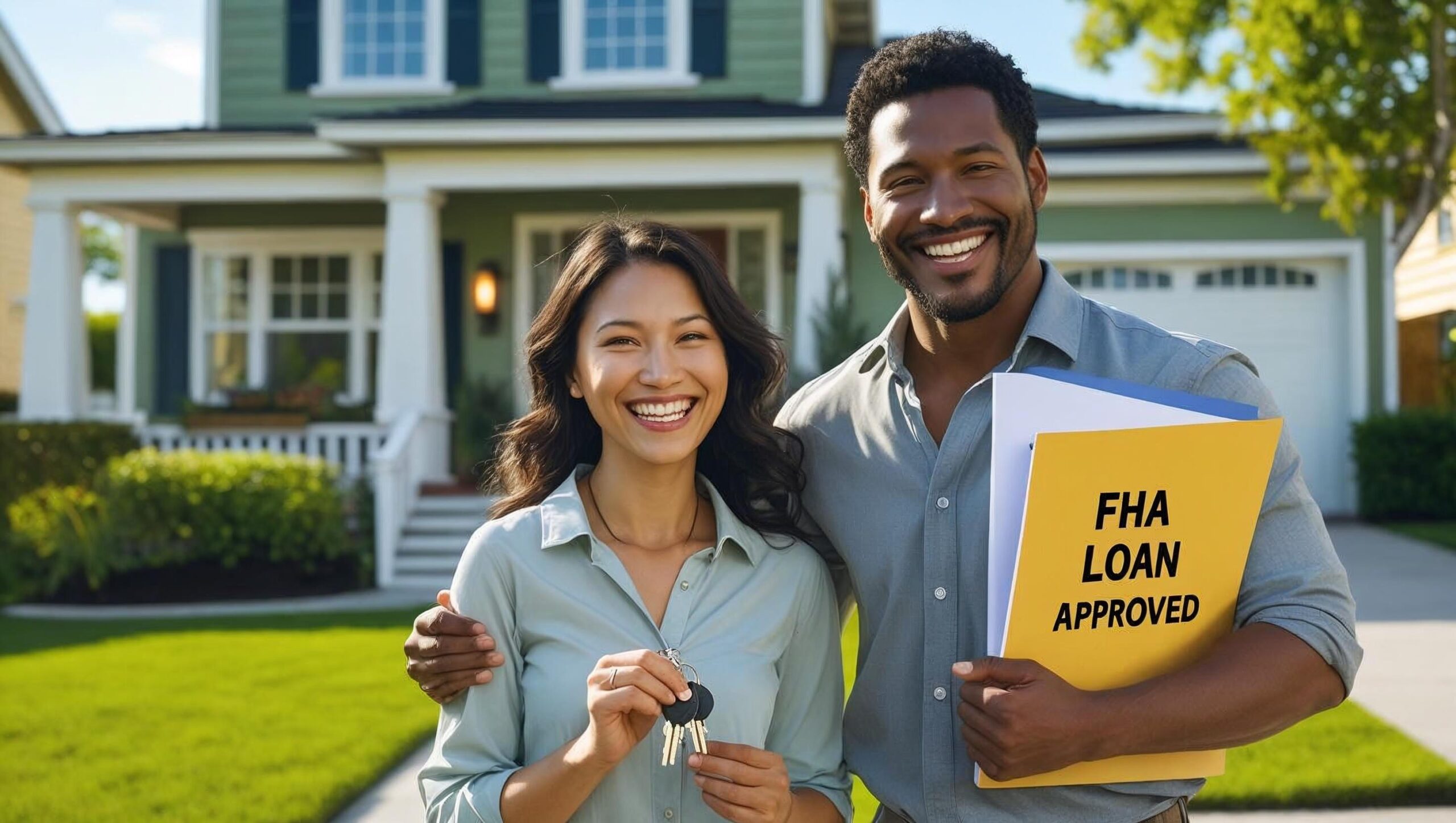 Happy Couple with new home and fha loan documents
